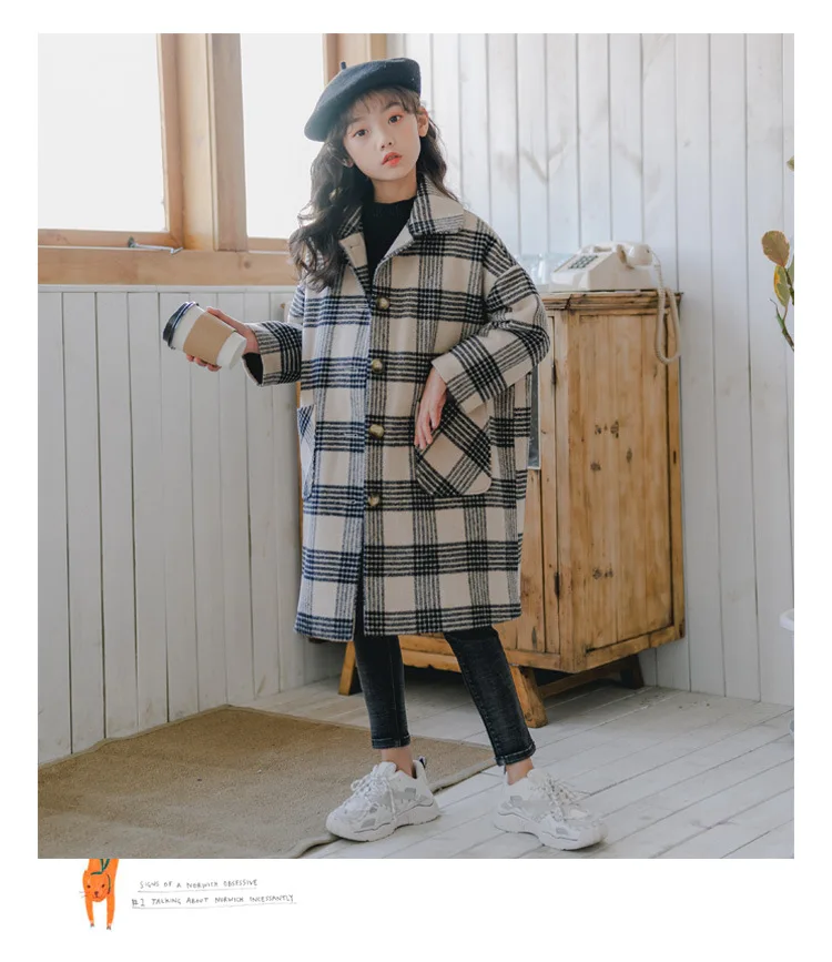 Новинка года, зимнее утепленное пальто для девочек длинная стильная клетчатая куртка для маленьких девочек модная дизайнерская свободная Осенняя детская куртка для девочек#8136