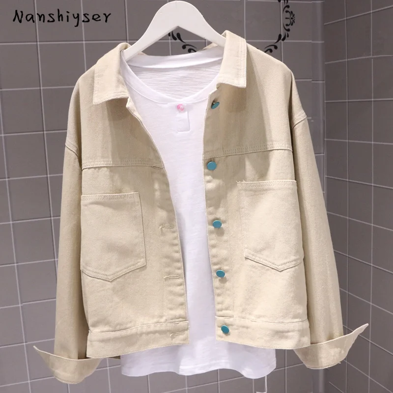 

2020 New autumn Loose Harajuku Light khaki Cropped Denim jacket Women Mujer chaqueta Plus size Korean Womans Casual Fashion coat