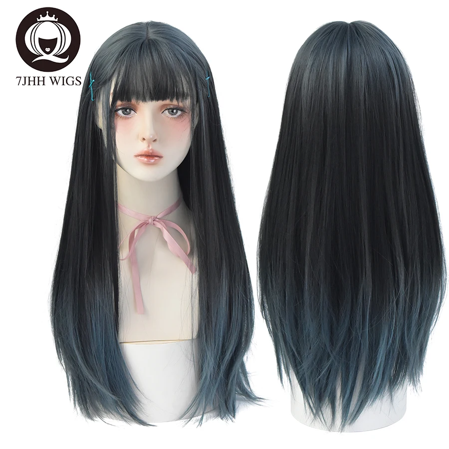 7JHH WIGS Omber Blue Gray Long Straight Latest Style 26