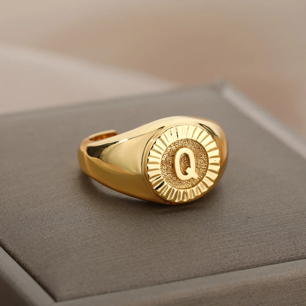 Initial Letter Signet Rings for Women Gold Color Stainless Steel Adjustable Ring Vintage Aesthetic Wedding Jewelry