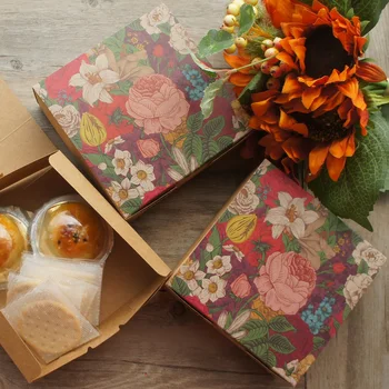 

14*14*5cm 10pcs Kraft Paper Colorful Flower Design Paper Box Candy Cookie Handmade Candle Gift Packaging Wedding Birthday Use