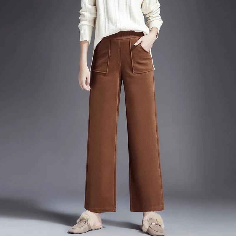 Осень зима модные широкие брюки женские повседневные брюки эластичная талия высокая талия прямые свободные женские брюки