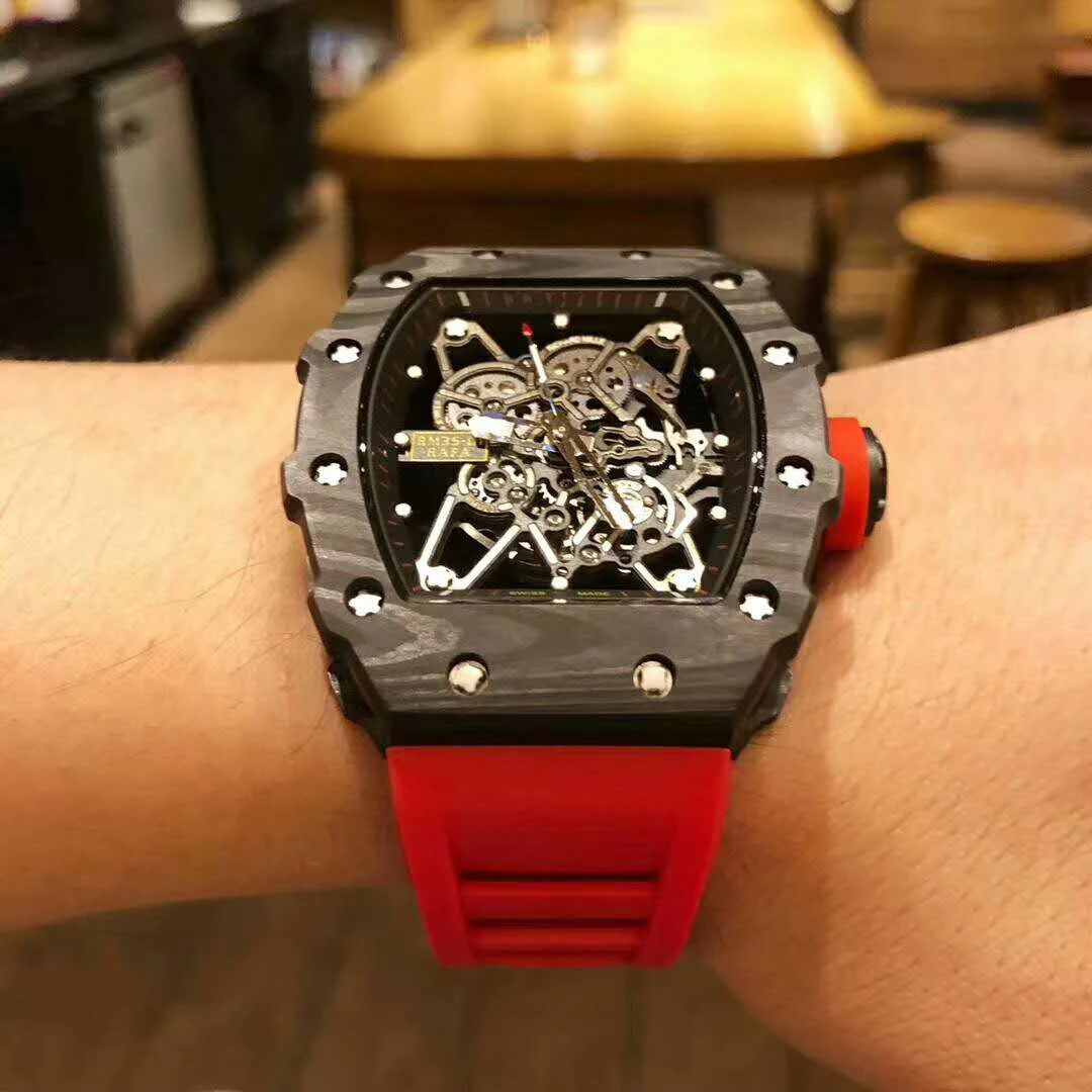 Best  Luxury Brand New Black Rubber Men Watch Sapphire Glass Automatic Mechanical Carbon Fiber Silver Bla