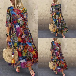 Mulher vestido maxi do vintage vestido feminino o pescoço meia manga cintura alta graffiti imprimir longo plus size vestido solto