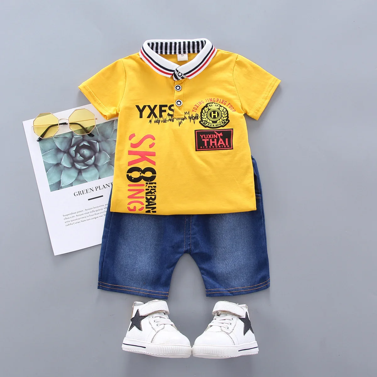 CX Hbiao S Yellow Новая летняя одежда для маленьких мальчиков прогулок одежда для детей с принтом, футболки с надписями Джинсовые шорты 2 шт./компл. для малышей, модный тренировочный костюм для маленьких мальчиков - Цвет: CX Hbiao S Yellow
