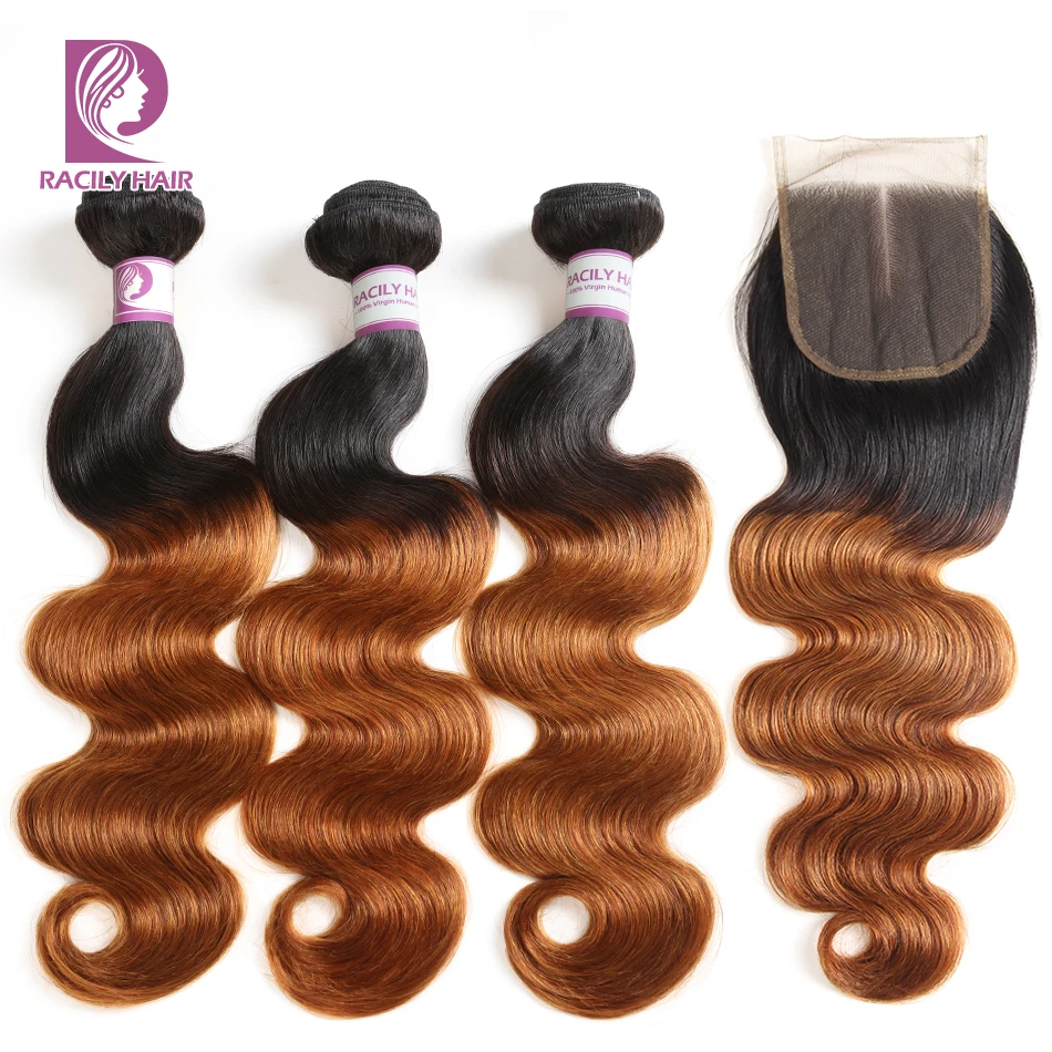 Racily Hair 1B/30 бразильские объемные волнистые пряди с закрытием Remy человеческие волосы пряди с закрытием коричневые Омбре пряди с закрытием