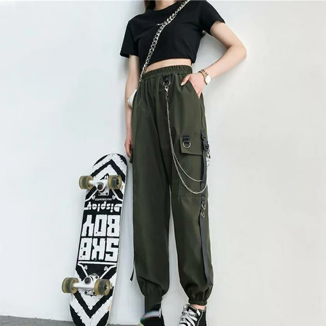 Women Cargo Pants 2021 Harem Pants Fashion Punk Pockets Jogger Trousers With Chain Harajuku Elastics High Waist Streetwear Army Green