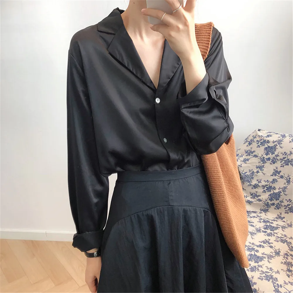 Chiffon Satin Blouse Shirts for Women 2019 Autumn Elegant Black Blouse French Style Sexy V Neck Long Sleeve Blouse Tops H2003 (7)