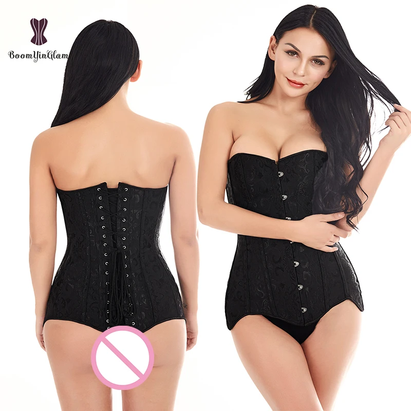 Solid Black And White Floral Steel Boned Body Shapers Big Women Boned Gorset Long Troso Corsets And Bustiers Plus Size