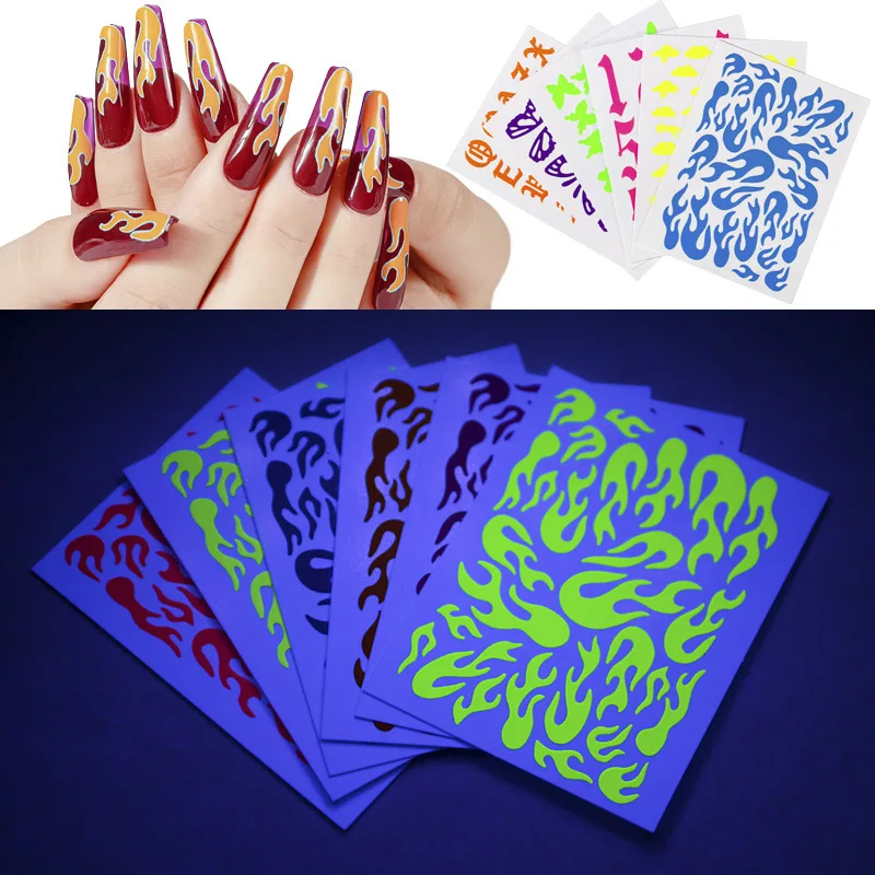 6pcs/set Nail Art Fluorescent Stickers Big Butterfly Clouds Color Flowers Decals Flame Decor | Красота и здоровье