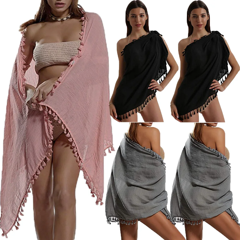 Fasjhion Casual Ladies Clothes Solid Sheer Beach Sarong Pareo Dress Mini Wrap Skirt Women Swimwear Bikini Cover Up
