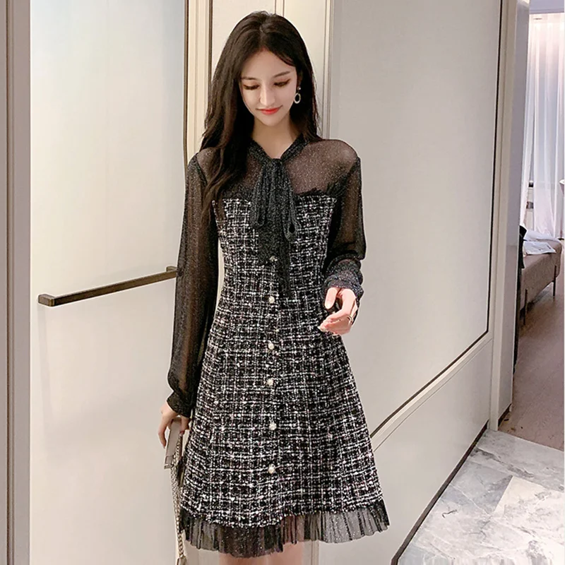 

Autumn Long Sleeve A-line Short Dress Women New Fashion Korean Style Patchwork Ruffles V-neck Elegant Ladies Party Dresses S033