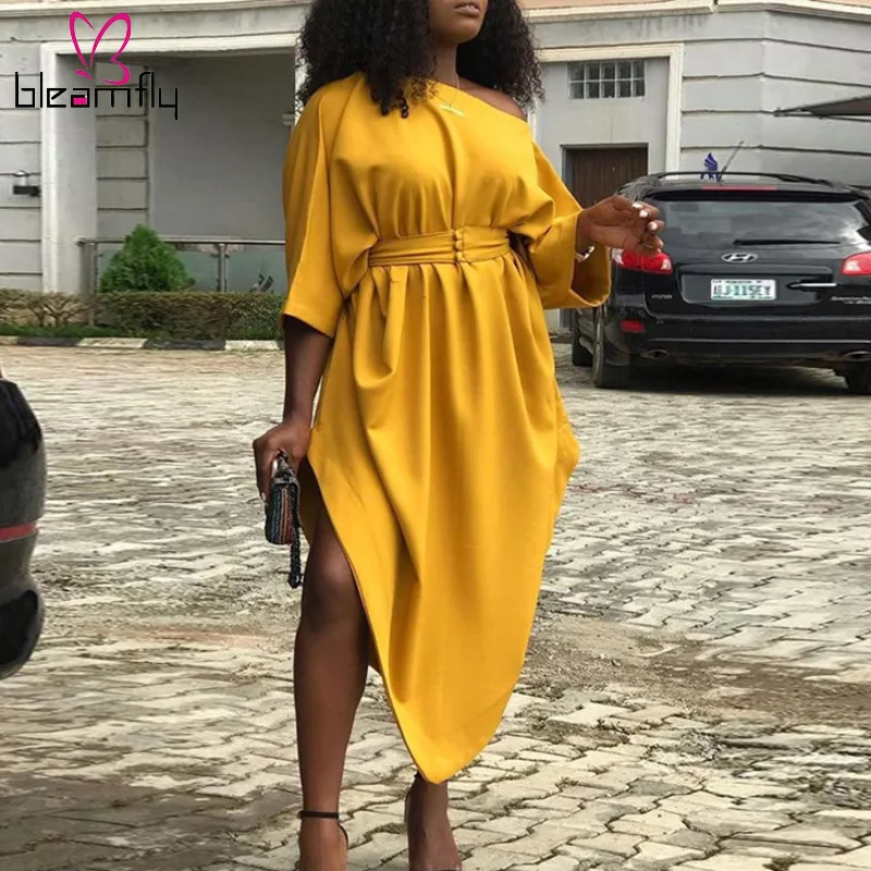 

Women Loose Off Shoulder Elegant Dress Street Wear Evening Holiday Summer Yellow Irregular Dresses Party Night Vestidos