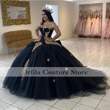 

Black Gold Lace vestido 15 anos Party Dress 2022 Off Shoulder Puffy Tulle Quinceanera Prom Gowns for Mexican Girl