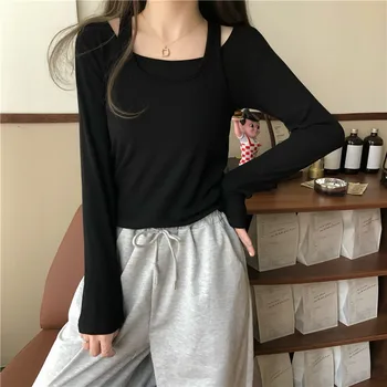 

PX2420 Design sense fake two pieces of wild long-sleeved pullover T-shirt women