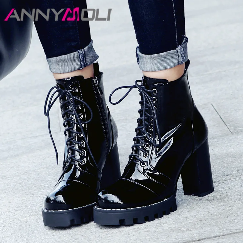 

ANNYMOLI Winter Real Leather Ankle Boots Women Zip Platform Block Heel Short Boots Cow Leather Super High Heel Shoes Lady Autumn