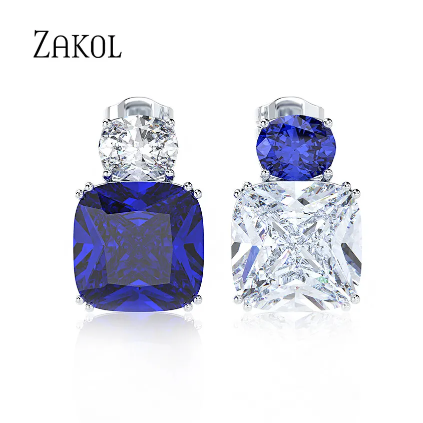 ZAKOL Trendy Crystal Bridal Earrings for Women Accessories Simple Blue White Square Cz Zirconia Stud Earrings Jewelry