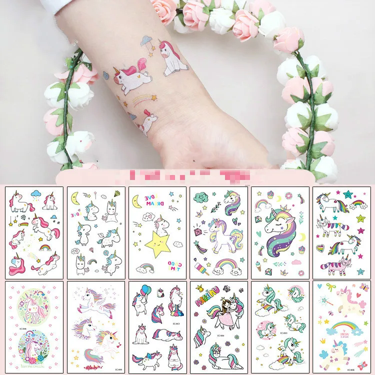 

5/8Sheet Cartoon Unicorn Tattoo for Kid Cute Fake Taty Children Tatouage Temporaire Body Art Waterproof Temporary Tattoo Sticker