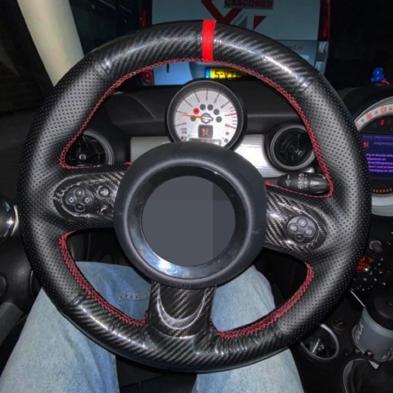 DIY Car Steering Wheel Cover Hand-Stitched Non-slip Black Genuine Leather Carbon Fiber For Mini Cooper S one 2011 | Автомобили и