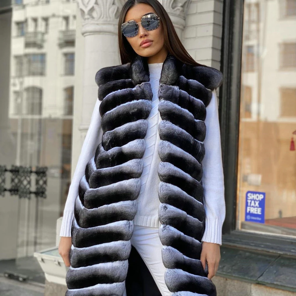 2021 Winter Long Rex Rabbit Fur Vest Natural Women Thick Warm Fur Overcoat Luxury Genuine Rex Rabbit Fur Gilets Turn-down Collar