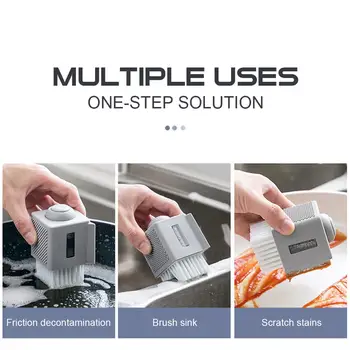 

Mini Soap Dispensing Palm Brush Soft Multi-purpose Kitchen Brush with Scraper for Pot Pan Dish Cookware