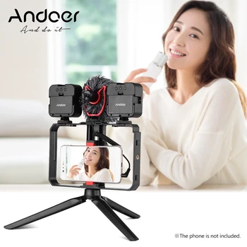 

Andoer Smartphone Cage Kit 2*Mini LED Light+Mini Microphone+Handheld Phone Bracket+Mini Tripod Stand for Phone Live Streaming