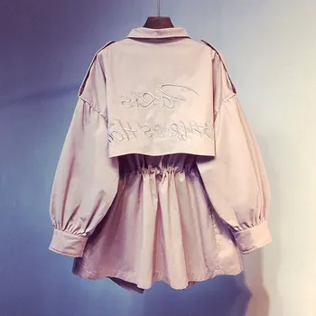 

2019 Korean Trench Coat For Women Embroidery Letter Casual Overcoat Lady Spring Autumn Medium Long Windbreaker White Pink Khaki