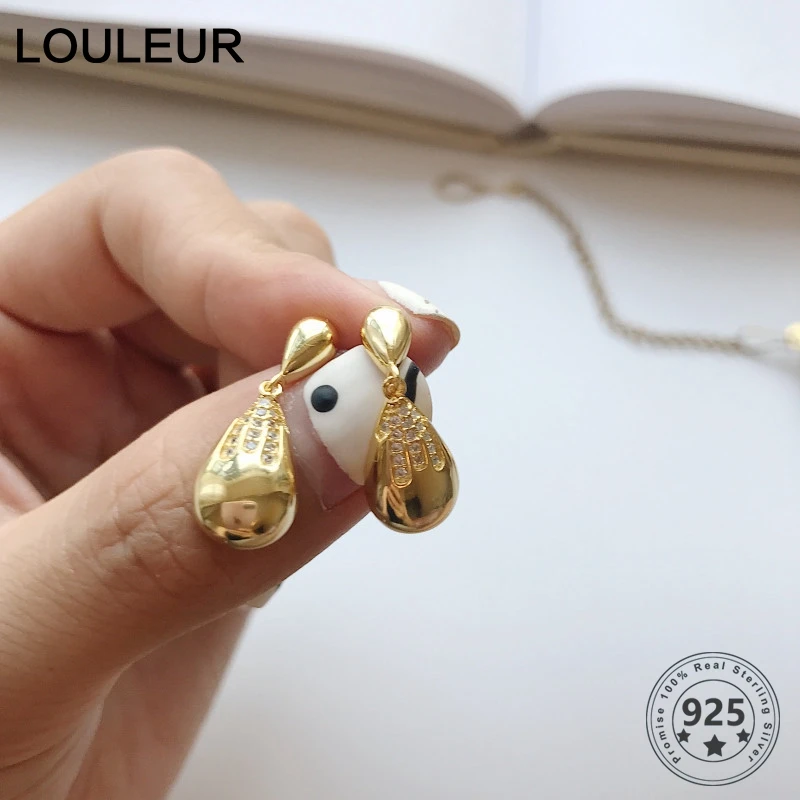 LouLeur, 925 пробы, серебряные серьги в форме капли воды, элегантные, циркониевые, Золотые серьги для женщин, серебряные ювелирные изделия, для свадьбы, вечеринки, подарки для девушек