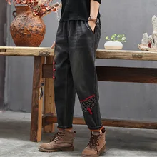 Винтажные женские джинсы осень зима флис кнопки эластичный пояс вышивка патч эластичный пояс модные брюки YoYiKamomo