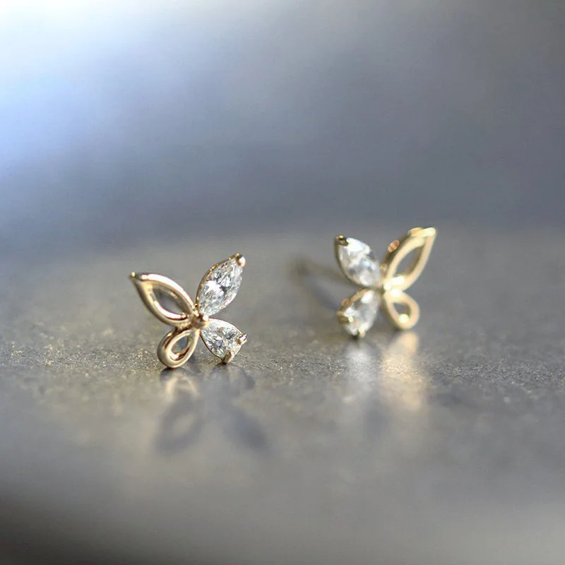 Double Fair Stud Earrings For Women Girl Small And Exquisite Hollow Out Butterfly Gold Color Flower Gift Fashion Jewelry KBE187 | Украшения