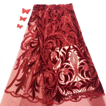 

5 yards /lot red African velvet lace fabric with sequins shiny Nigerian Ghana occasional wear FFJ-113
