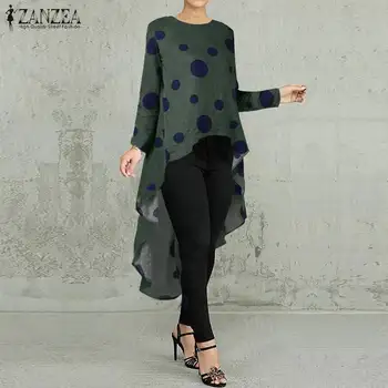 

2020 Spring High Low Blouse ZANZEA Women Polka Dots Long Shirt Vestido Vintage Long Sleeve Tunic Tops Blusas Chemise Female Robe