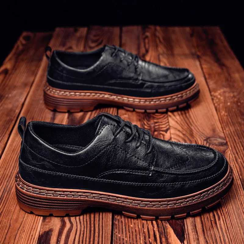 

New Men Leather Fashion Business Thick Bottom Casual Shoes Classic Retro Lace-up Oxfords Shoes