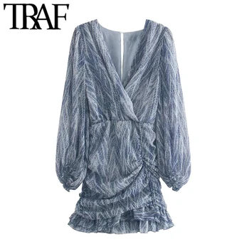 TRAF Women Chic Fashion Animal Print Asymmetric Draped Mini Dress Vintage Long Sleeve Ruffled Female