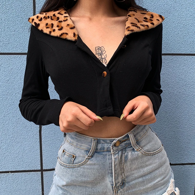 IAMSURE 2020 Autumn Streetwear Fashion Long Sleeve Women Cardigan Blouses Leopard Patchwork Fitness y2k Ribbed Cropped Shirt