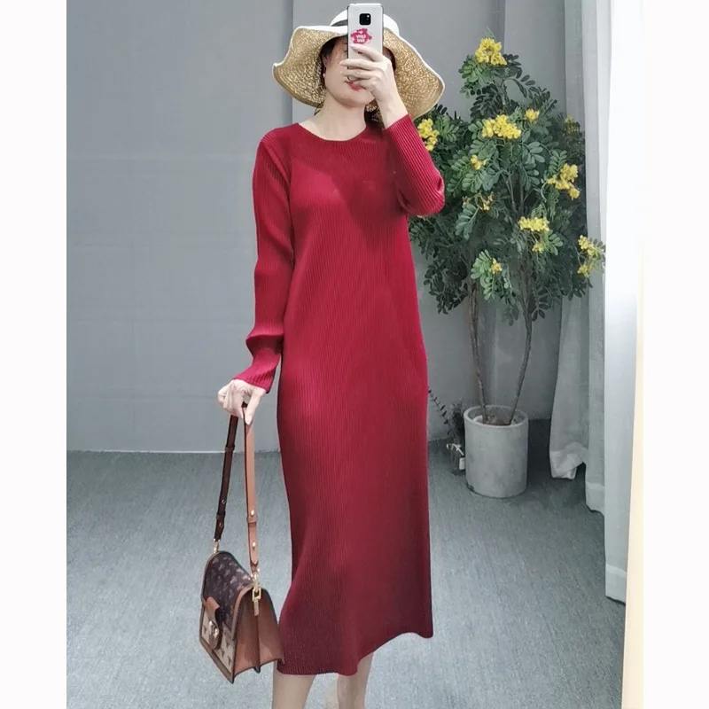 Осенняя Новинка MIYAKE fold плотное однотонное платье с длинным рукавом большого размера приталенное платье