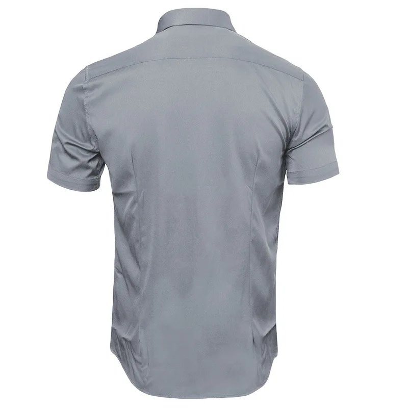 Gray Elastic Bamboo Fiber Shirt Men Brand Summer Short Sleeve Mens Dress Shirts Non Iron Easy Care Business Work Chemise Homme 2