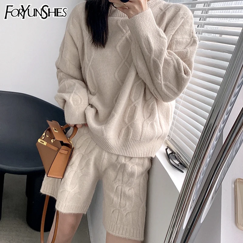 

FORYUNSHES Women Winter Thick Kintted Clothes 2 Piece Set 2020 Female O-Neck Lazy Loose Pullover Sweater + Knitting Shorts