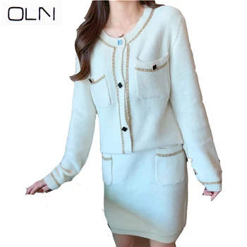 

Autumn winter skirt OLN Korean vestidos new wholesale Retro Square Button Soft Knit Cardigan + Thin High Waist Skirt Set