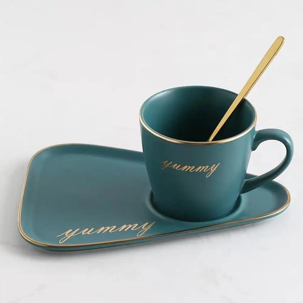 green set B Скандинавская керамическая кофейная чашка с ложкой и блюдцем, набор креативных европейских роскошных чашек для завтрака, закусок, послеобеденного чая, набор посуды с поддоном - Цвет: green set B