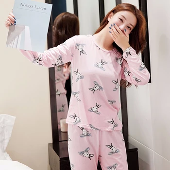 

Cute Rabbit Print New Fashion Pajamas For Women Spring Summer Long Sleeve+Pants 2 Pcs Leisure Pajama Sets For Woman