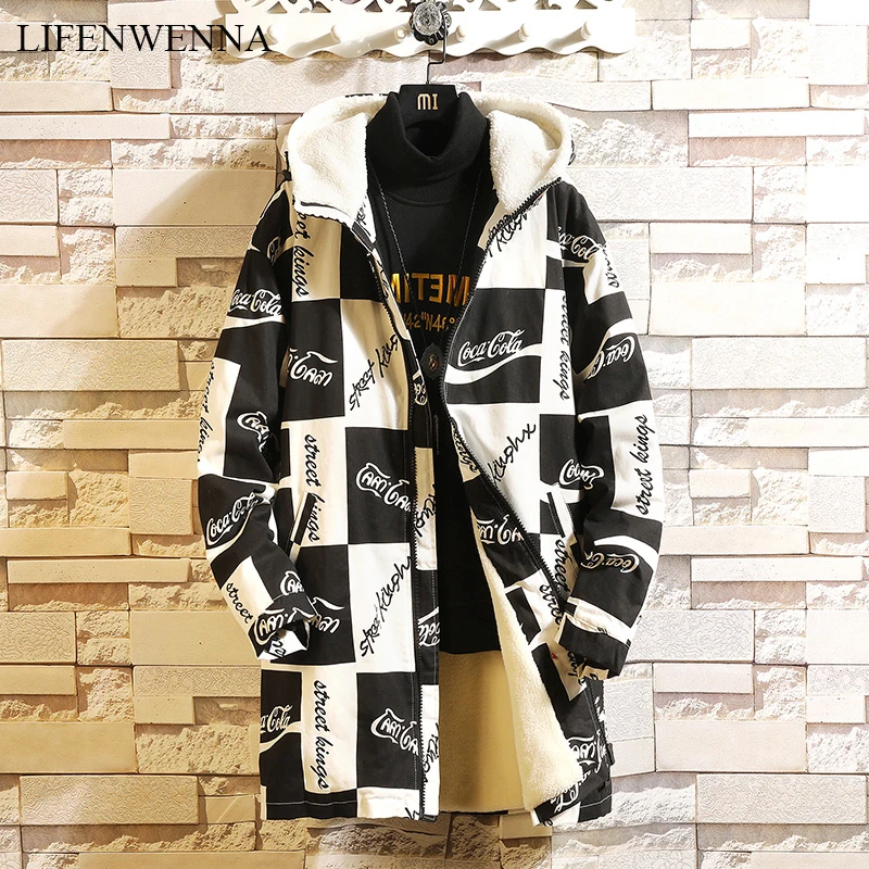 

LIFENWENNA 2019 Fashion Men's Winter Jacket Thick Plus Velvet Warm Trench Mens Casual Hooded Coat Male Mid-Long Jacket Trench