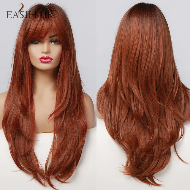 EASIHAIR Long Dark Brown Women's Wigs with Bangs Water Wave Heat Resistant Synthetic Wigs for Black Women African American Hair LC015-1