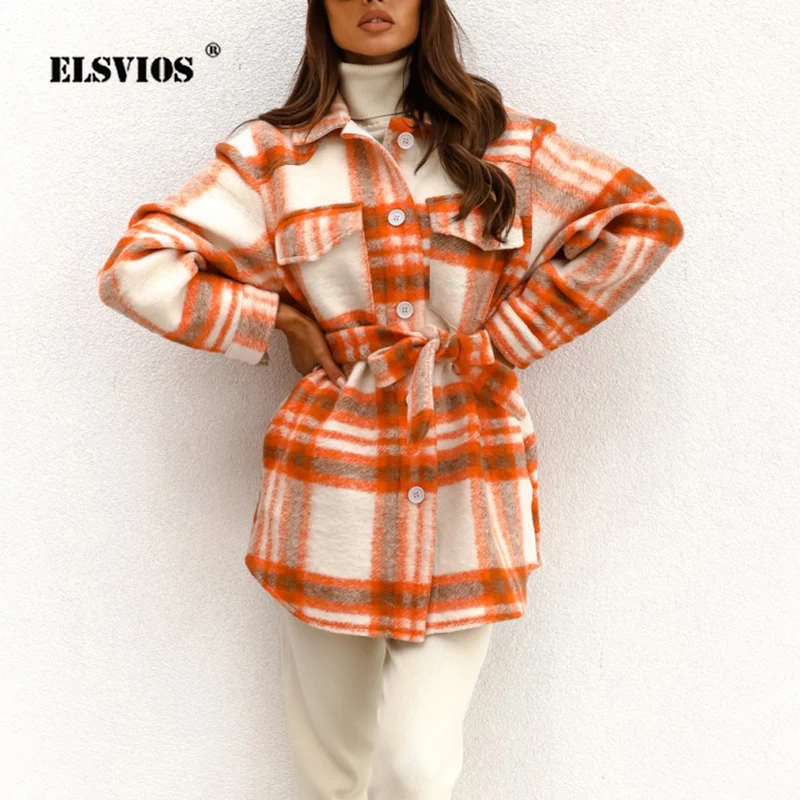 

Autumn Winter New Elegant Women Bandage Plaid Print Commute Outwear Fashion Turn-down Collar Single Breasted Lace-up Office Coat