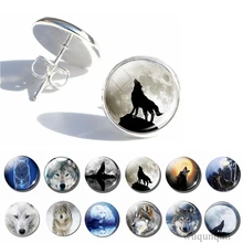 Винтажные серьги-гвоздики с изображением волка, воющего на луну, в художественном стиле, модные серебряные стеклянные кабошон, волки, серьги с изображением животных, ювелирные изделия для женщин, подарки