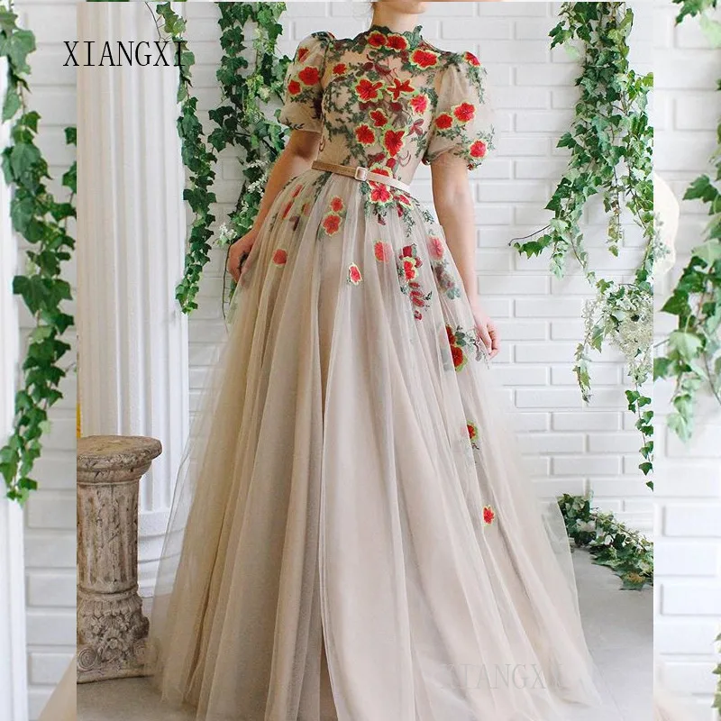 

Youthful Long Evening Dress 2019 High Collar Half Sleeves 3D Flower Evening Dresses Prom Party Dress Formal Gown vestidos