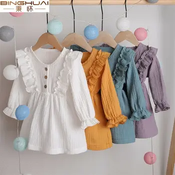 

1-6Y Toddler Kids Baby Girl Ruffle Spring Summer Dress Button Ruffles Long Sleeve Solid Cotton Linen Party Casual Dress Clothes