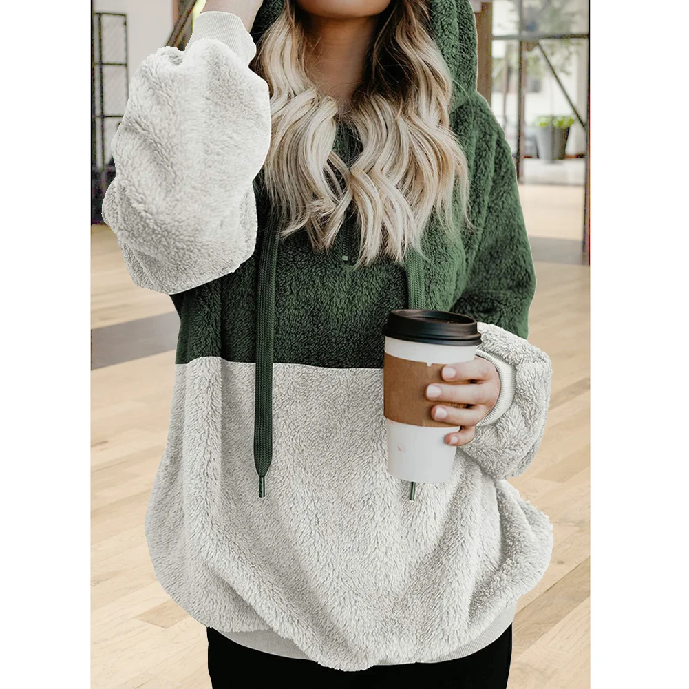 

Dating Casual With Zipper Winter Long Sleeve Artificial Fleece Warm Drawstring Loose Women Hoodie Daily Splice Fuzzy Soft