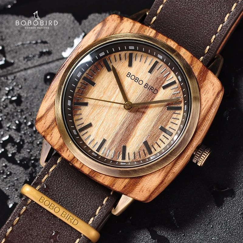 Relogio Masculino BOBO BIRD Брендовые женские часы на заказ водонепроницаемые деревянные мужские часы с кожаным ремешком Классические наручные часы с квадратным циферблатом OEM