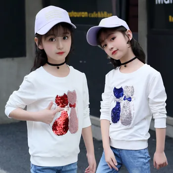 

Children Sequin Tops Fall Kids Long Sleeve Sweatshirts Teenage School Girls Cotton Clothes Cartoon Cat Sequins T-shirts for Baby
